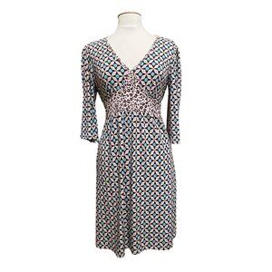Babydoll Dress Floral Leopard Brown/Blue Stretch Flare 3/4 Sleeve Office Siren L